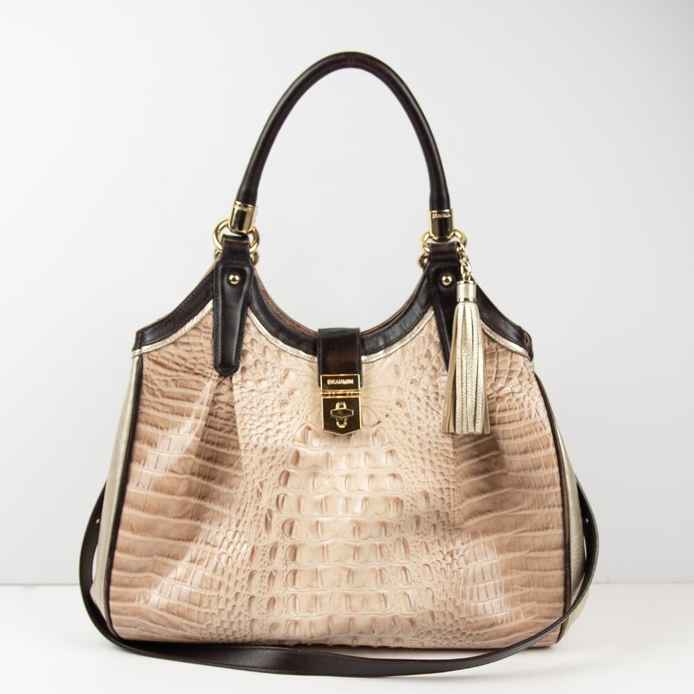 Brahmin Elisa Leather Purse Crocodile Embossed Hobo Bag Blossom Kendall Brown